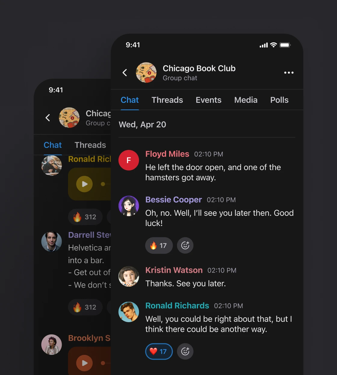 Dark mode group chat interface using the shared component and token system