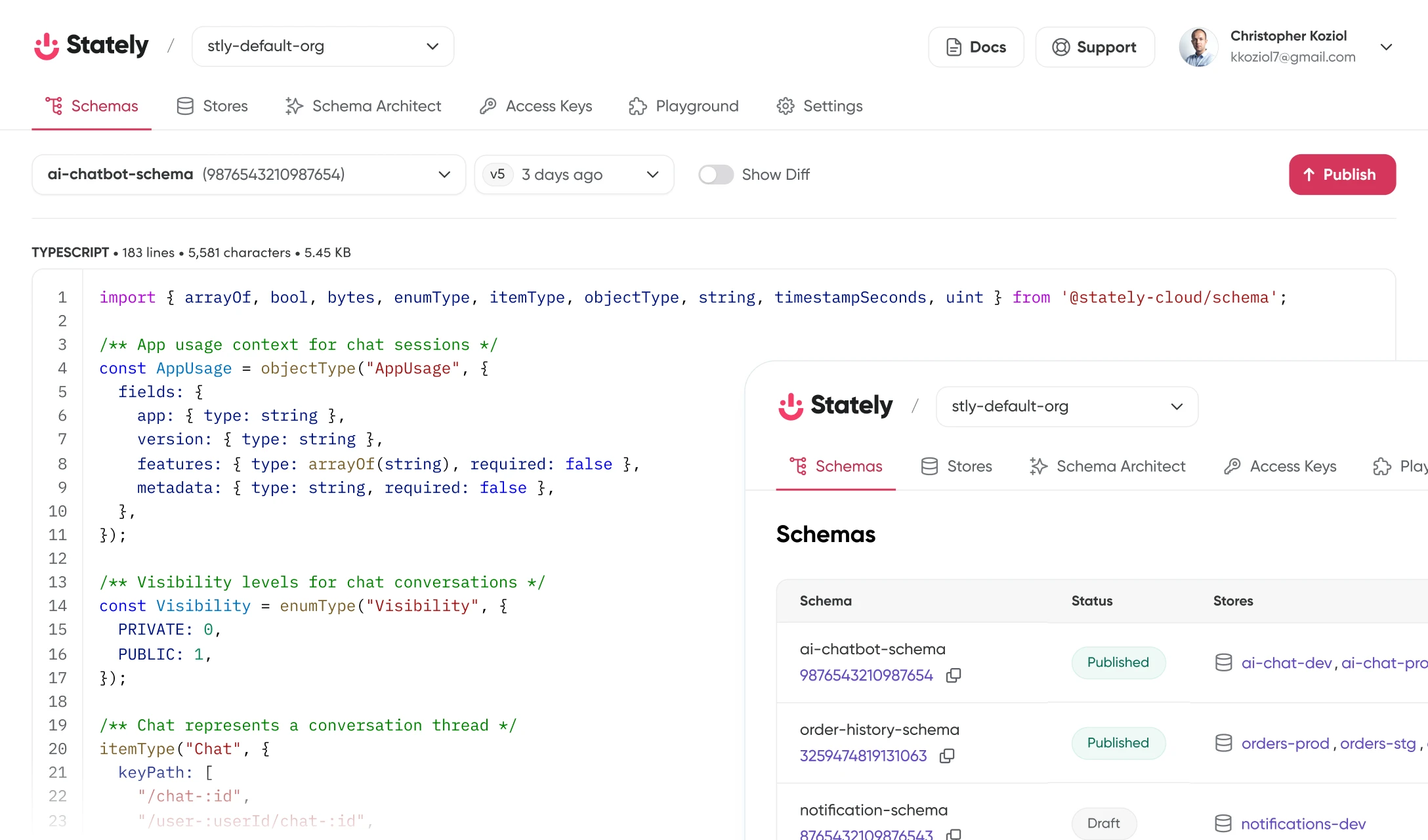 StatelyDB schema code editor alongside the published schemas list