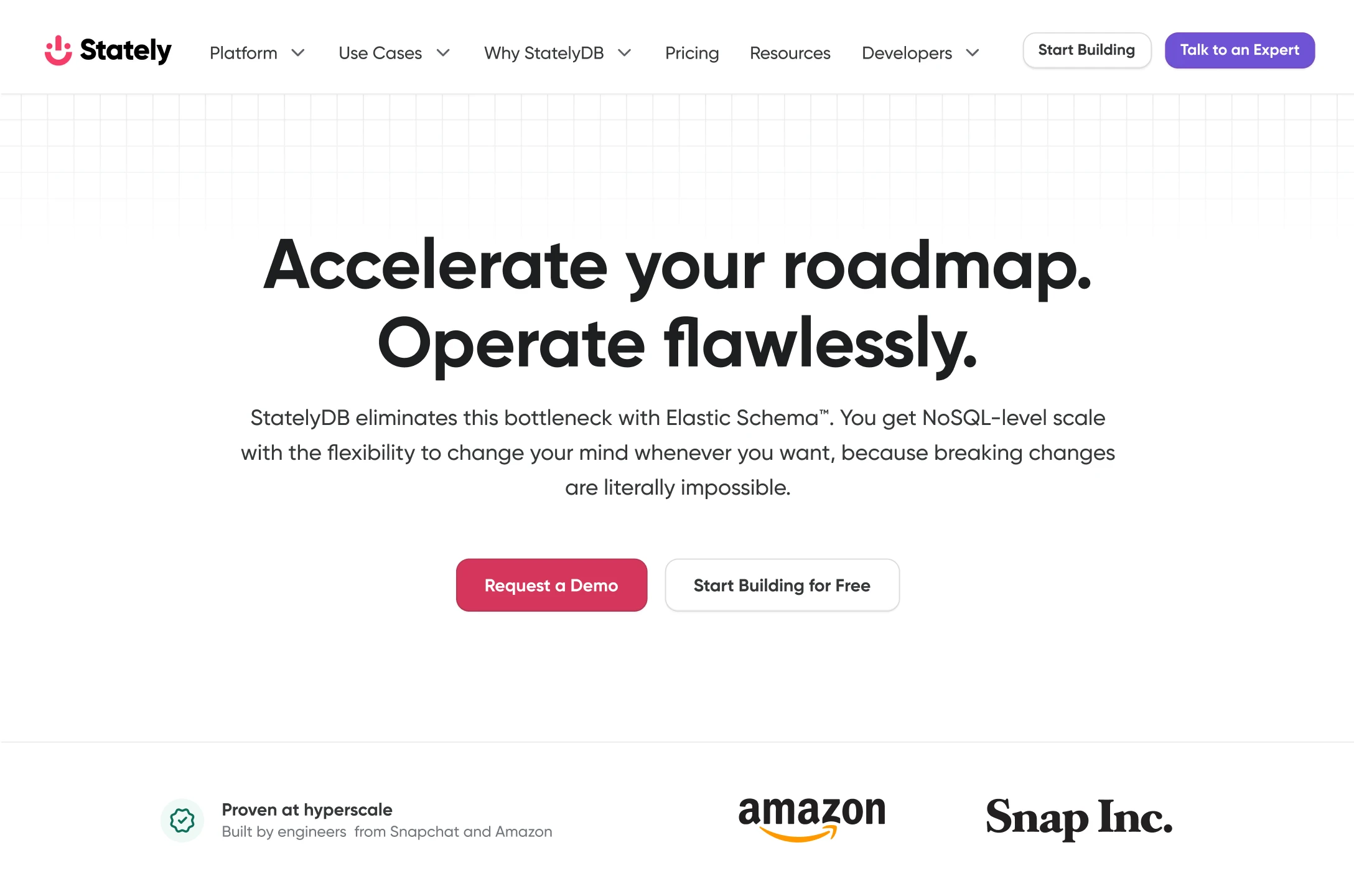 Enterprise StatelyDB website emphasizing technical confidence and proven scale
